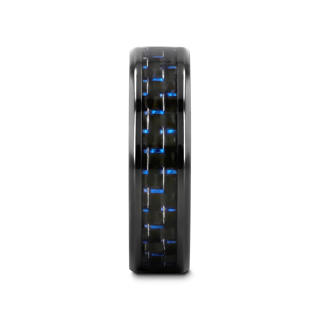 ZAYDEN Black Titanium Ring with Blue & Black Carbon Fiber Inlay and Bevels - 8mm
