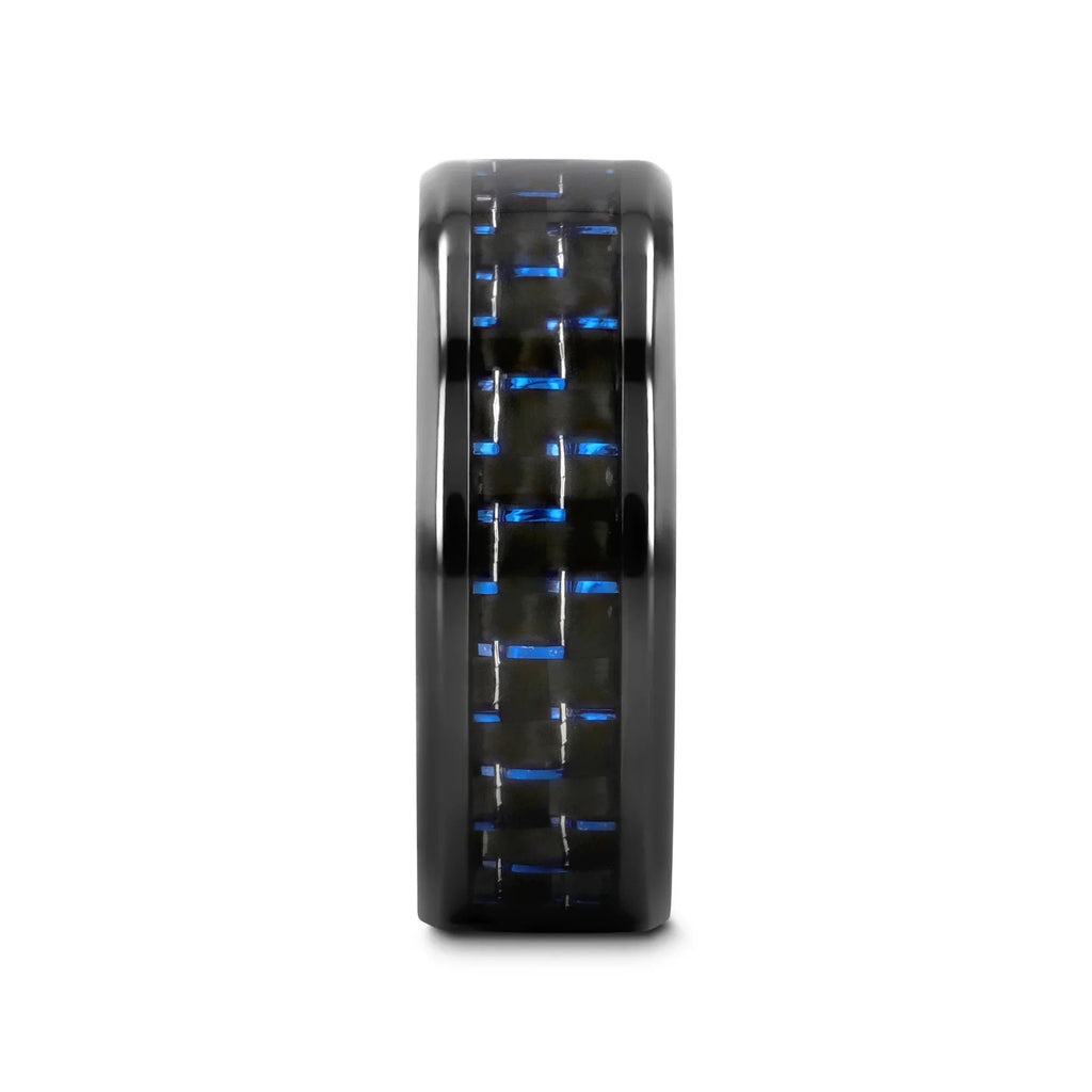 ZAYDEN Black Titanium Ring with Blue & Black Carbon Fiber Inlay and Bevels - 8mm