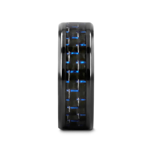 ZAYDEN Black Titanium Ring with Blue & Black Carbon Fiber Inlay and Bevels - 8mm