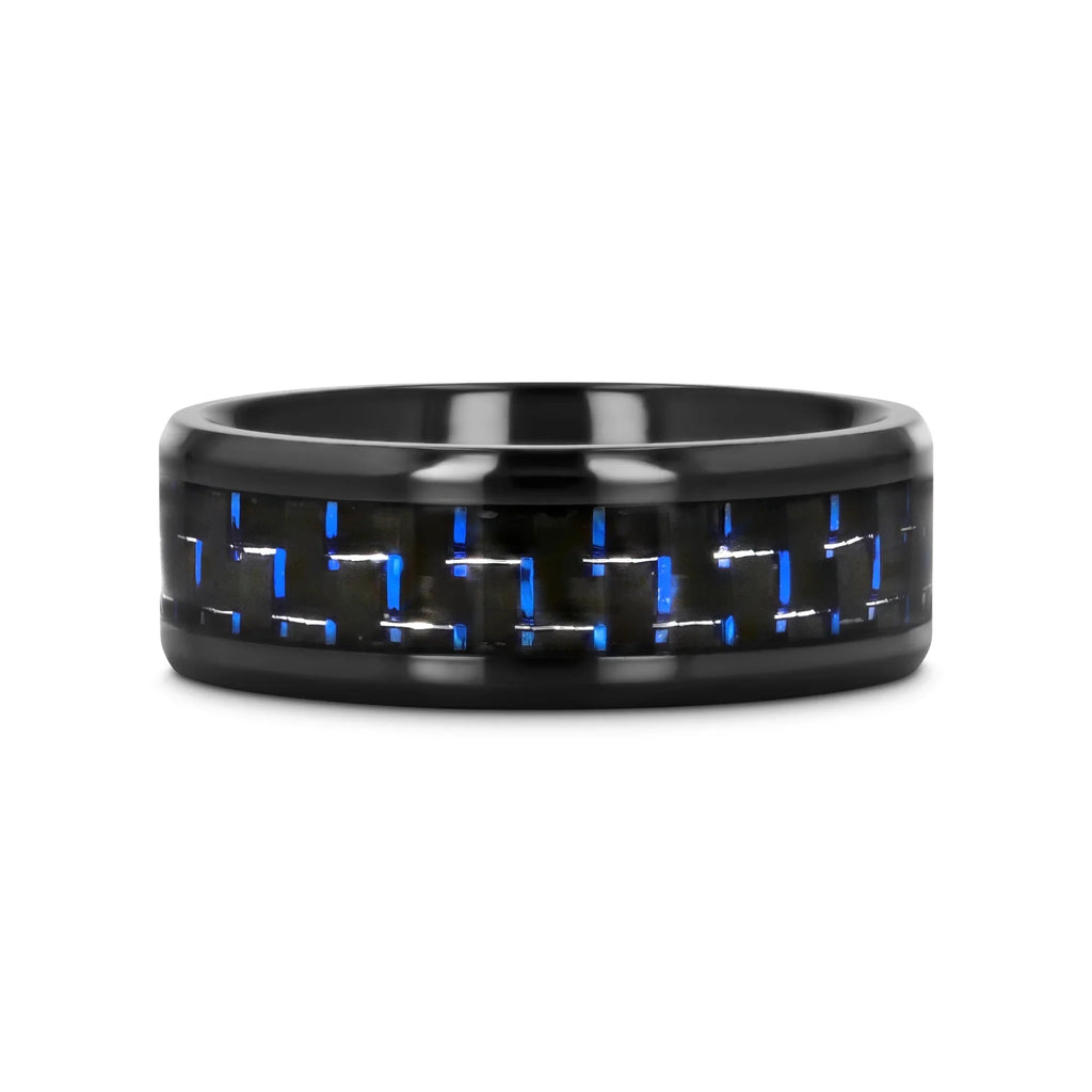 ZAYDEN Black Titanium Ring with Blue & Black Carbon Fiber Inlay and Bevels - 8mm