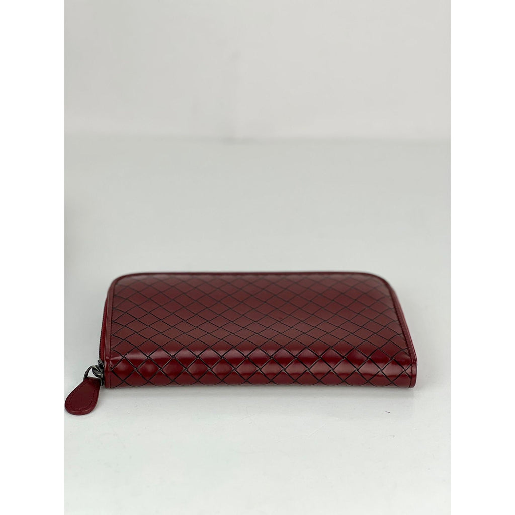 Bottega Veneta Burgundy Intrecciato Zip Around Leather Wallet Clutch