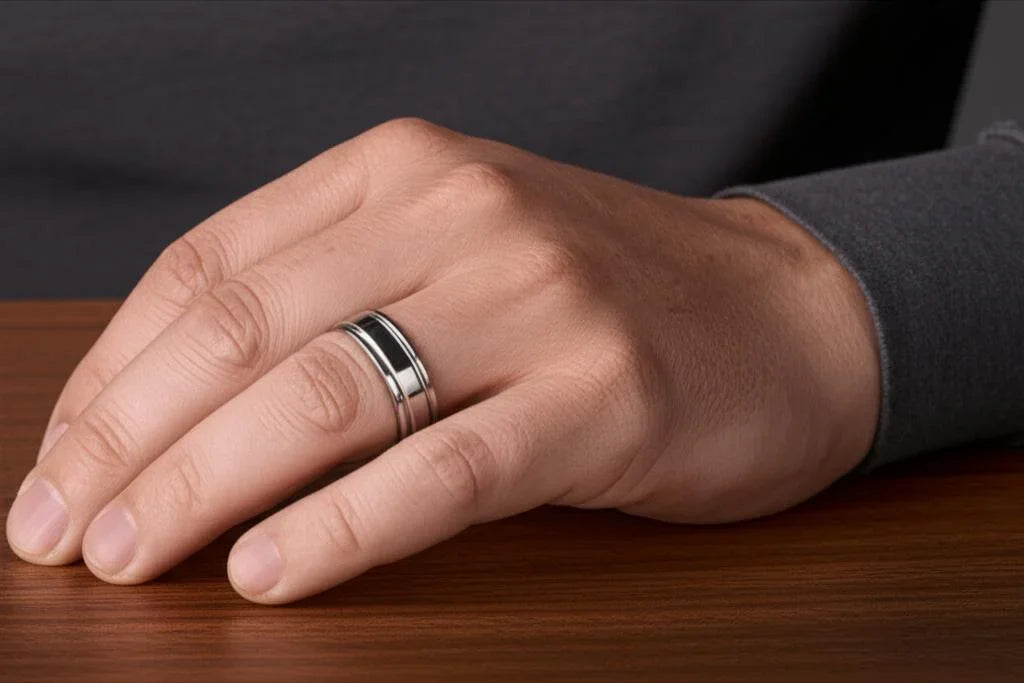 ANCHORAGE Men’s Tungsten Wedding Band with Dual Offset Grooves - 6mm or 8mm