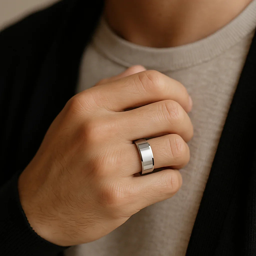 LAWTON White Tungsten Wedding Band with Beveled Edges — 10mm