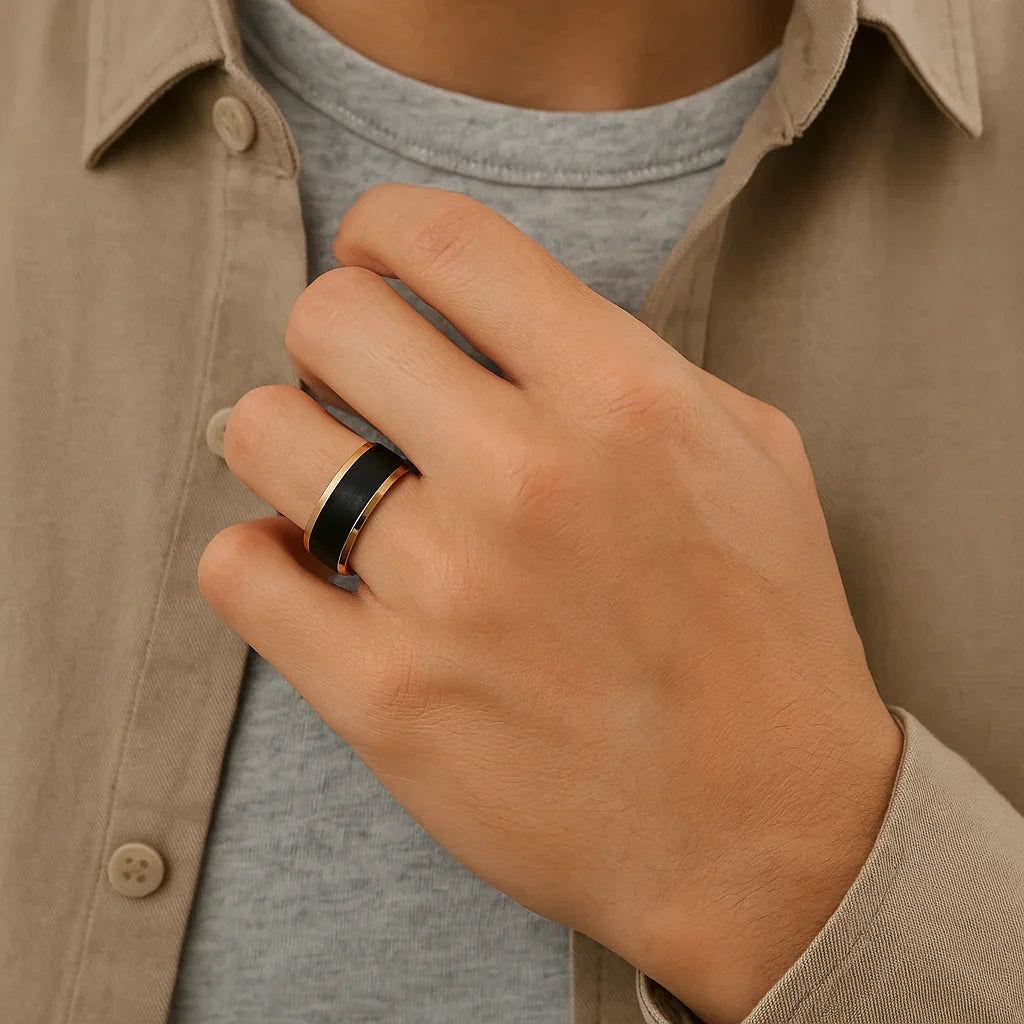 HAYDEN Rose Gold Plated Tungsten Beveled Ring with Brushed Black Center, Comfort Fit (6mm & 8mm)