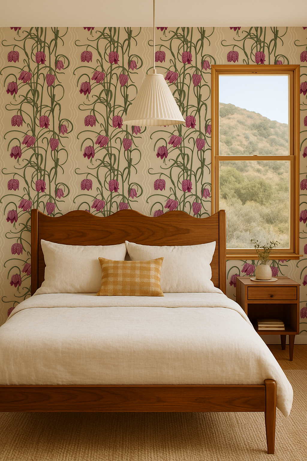 Campanas Wallpaper, tan and magenta