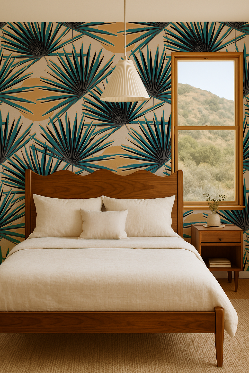 Palm Deco Wallpaper, blue & orange
