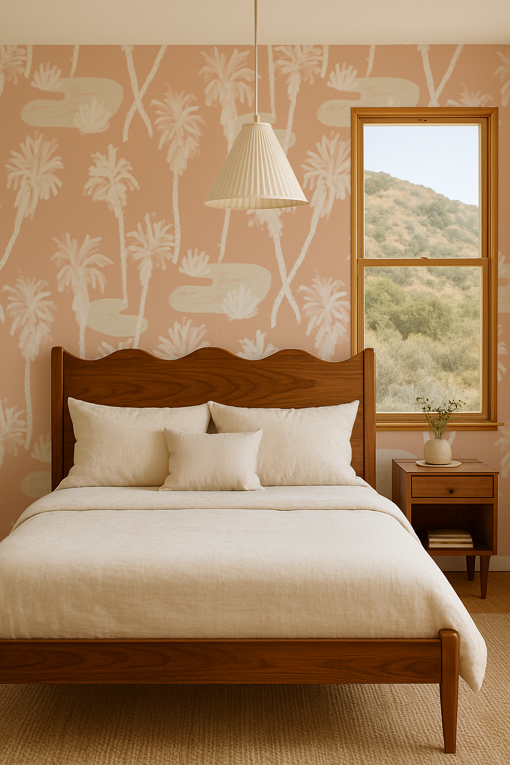 Palm Oasis Wallpaper, peach and white