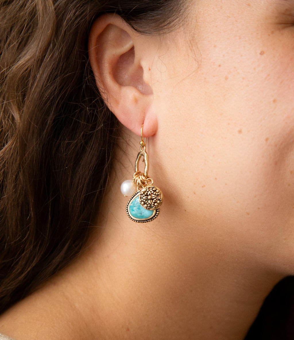 Blue Turquoise and White Pearl Multi Charm Golden Charm Earrings