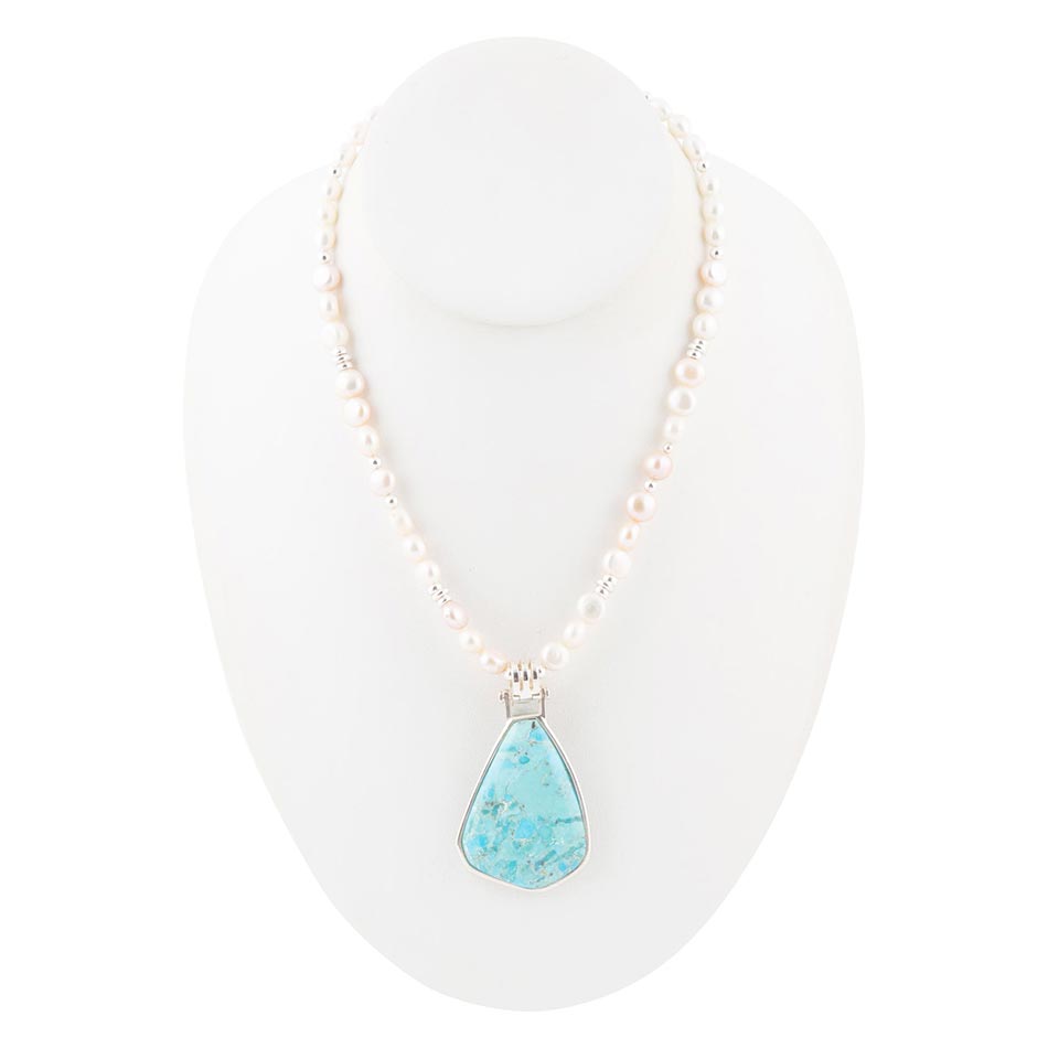 Blue Turquoise Pendant and White Pearl Sterling Silver Necklace
