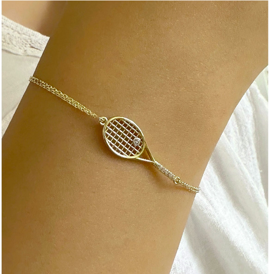 14K Solid Gold Tennis Racket Charm Bracelet