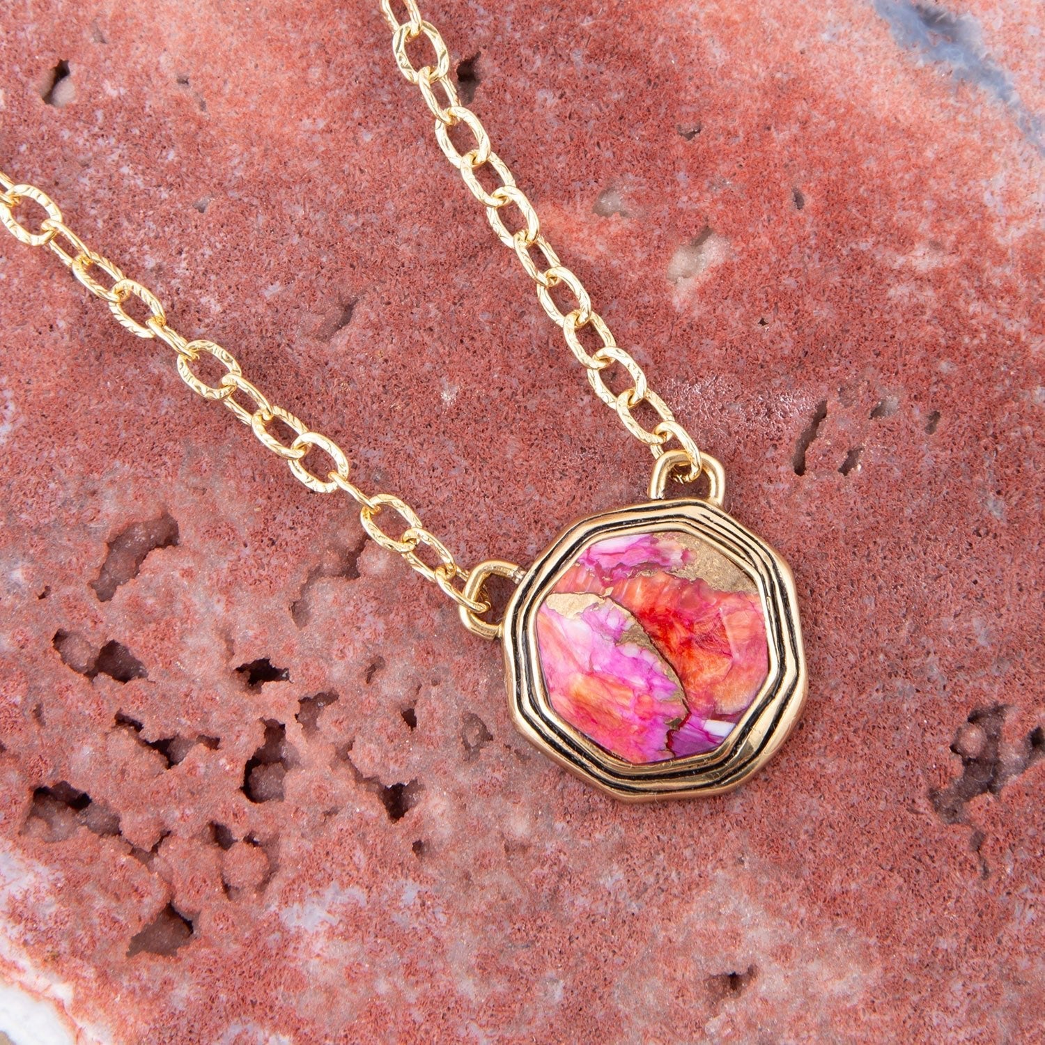 Luca Pink Magenta Spiny Oyster Golden Pendant Necklace