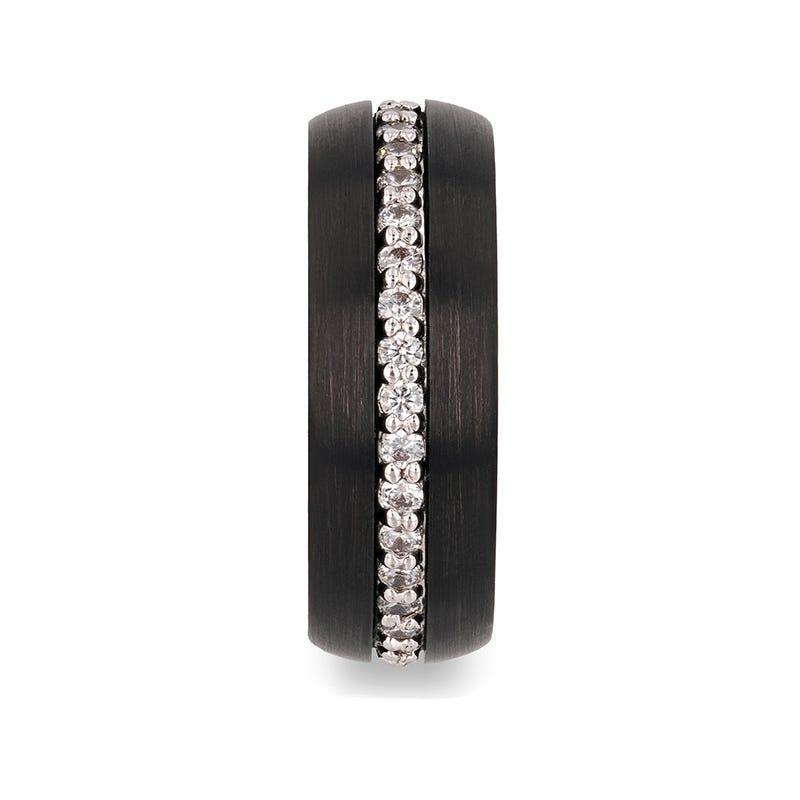 TSAR Black Tungsten Carbide Ring, Domed Brushed Finish with White Sapphires – 8mm