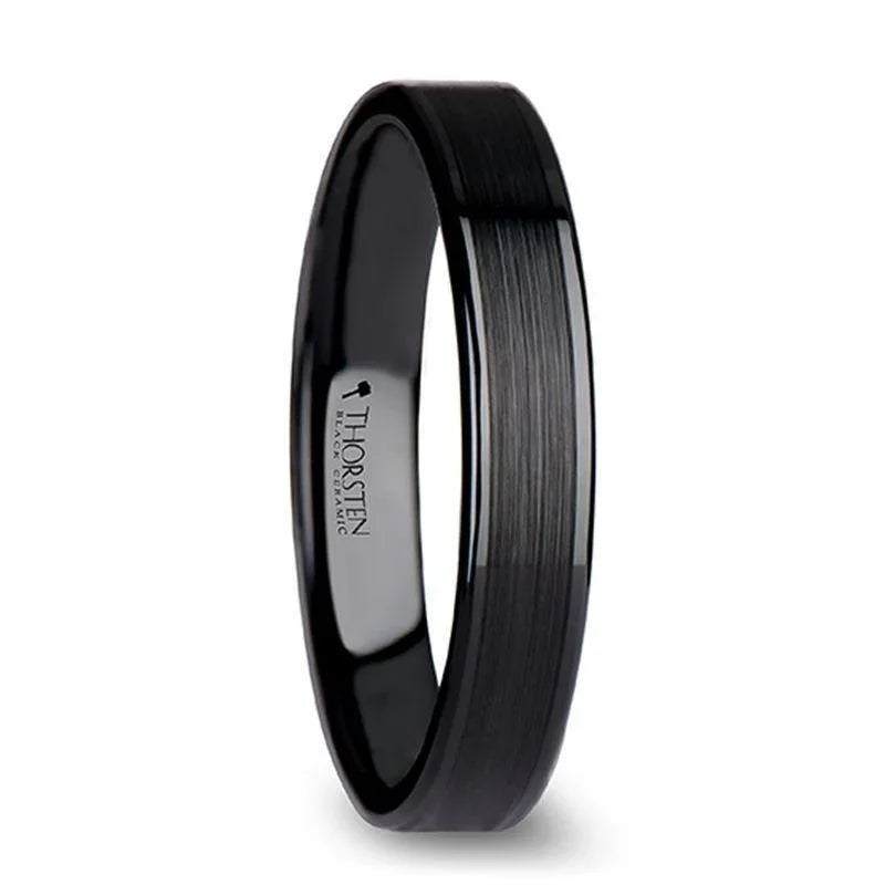 OLIVIA Women’s Flat Black Ceramic Ring with Brushed Center and Polished Edges - 4mm