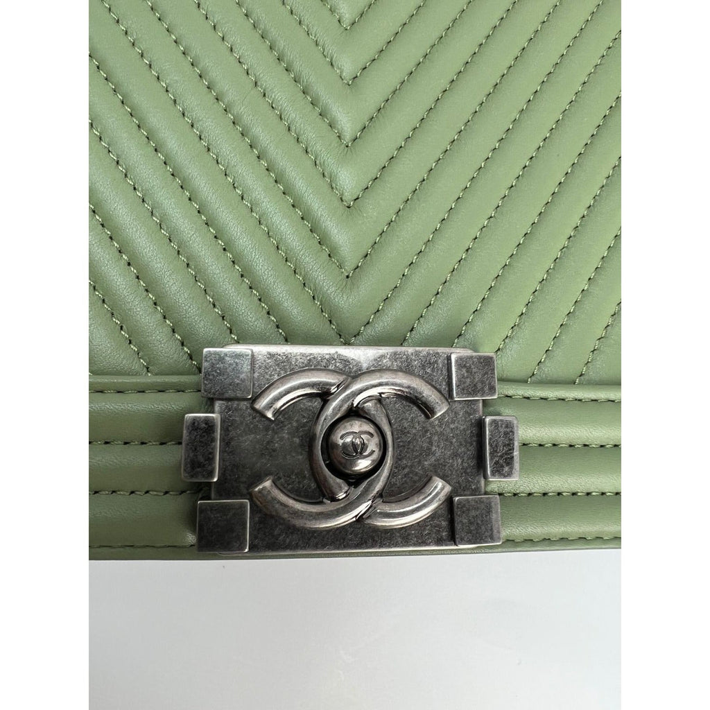 Chanel Calfskin Chevron Quilted Medium Boy Flap Light Green Bag