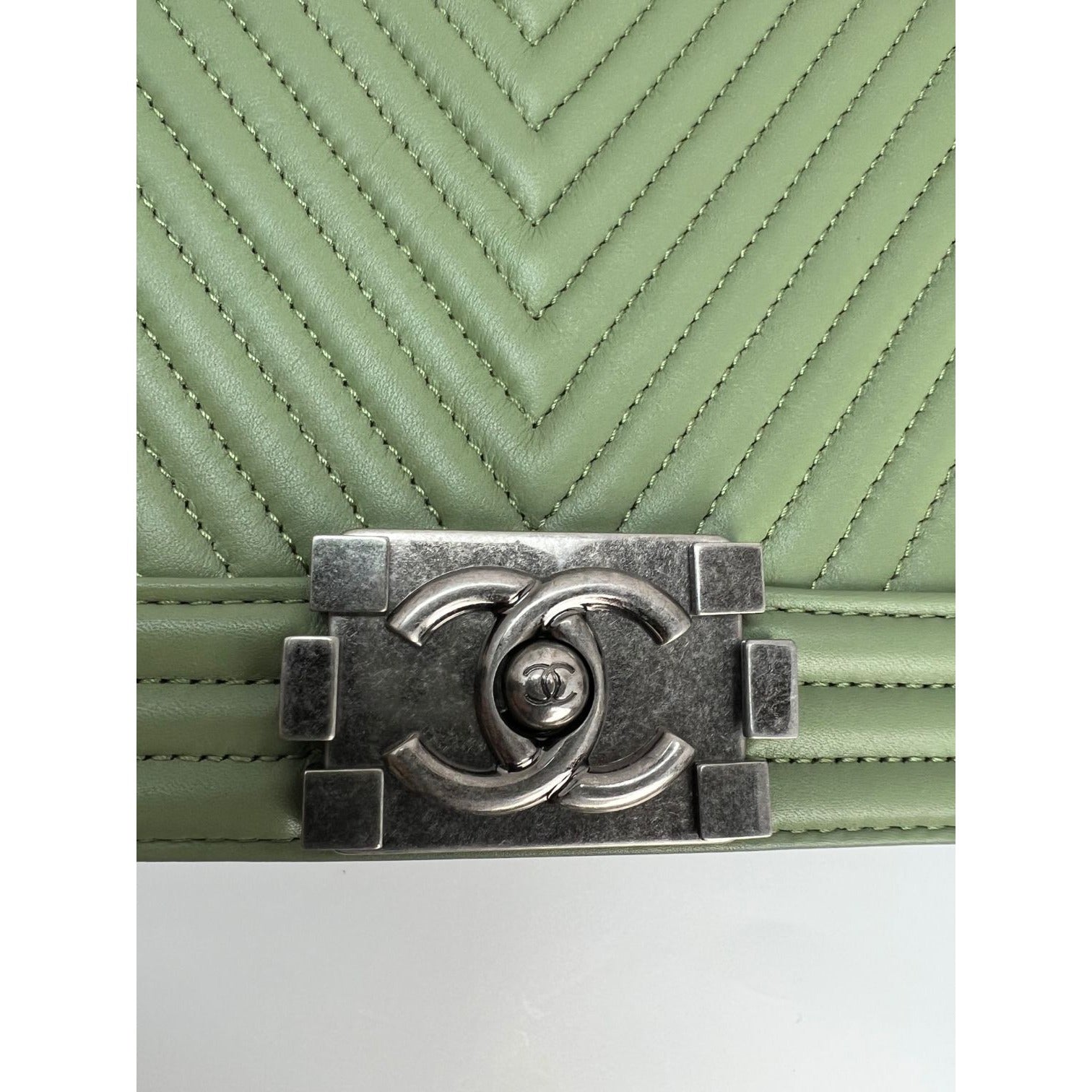 Chanel Calfskin Chevron Quilted Medium Boy Flap Light Green Bag