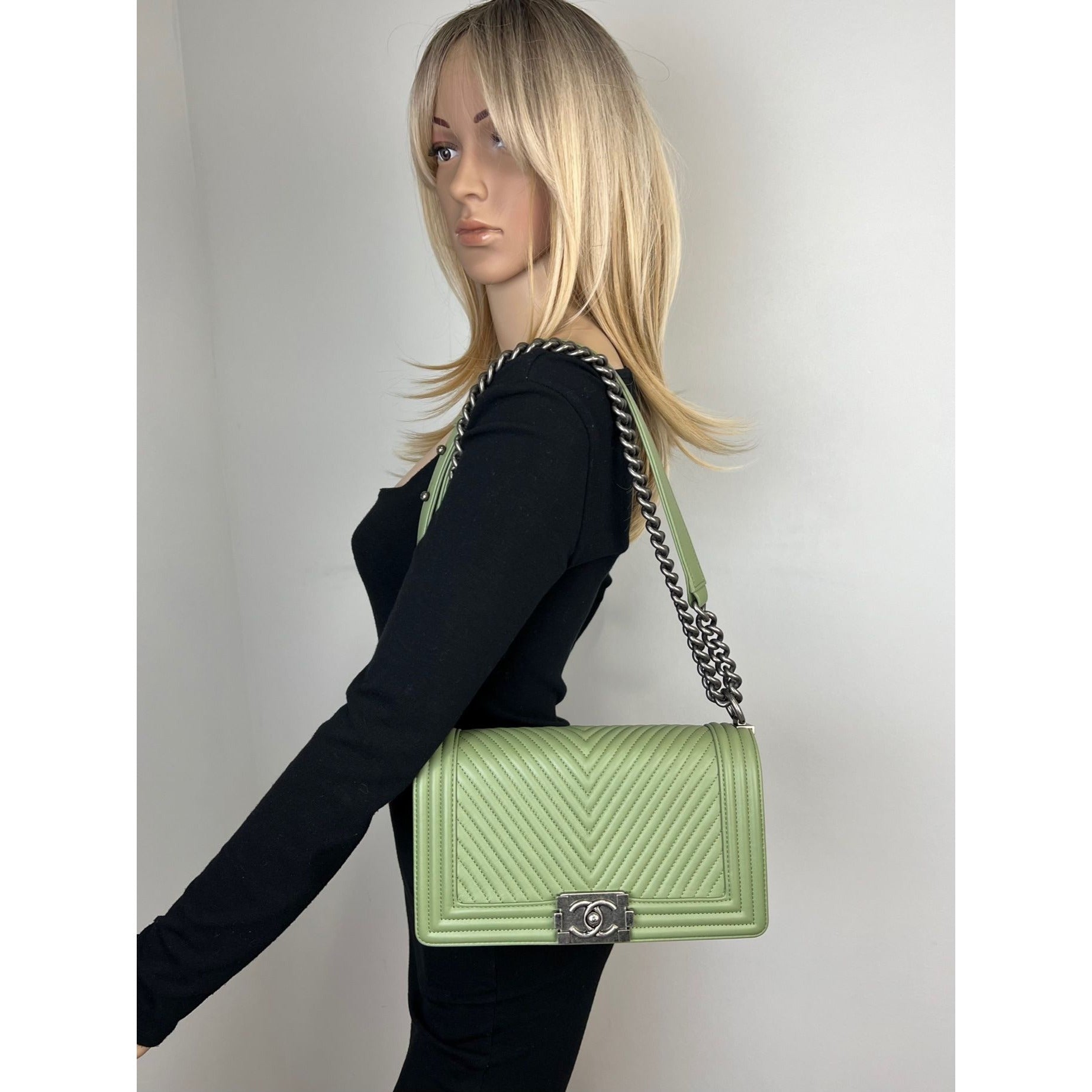 Chanel Calfskin Chevron Quilted Medium Boy Flap Light Green Bag