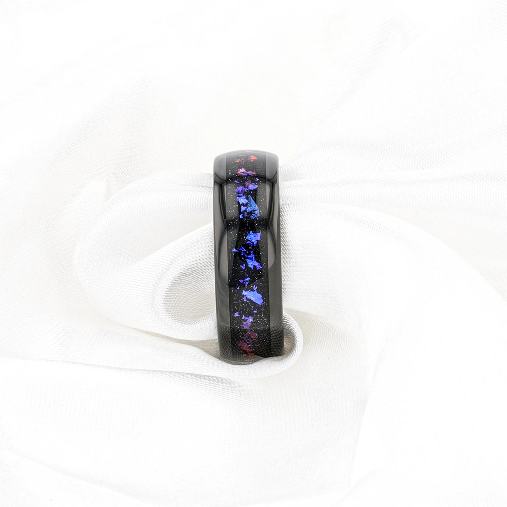 COSMIC Black Tungsten Ring with Crushed Alexandrite and Dark Blue & Purple Crushed Goldstone – 4mm to 8mm