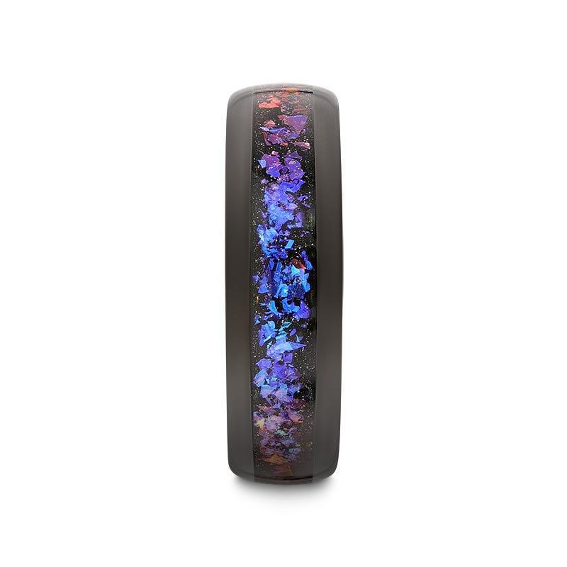 COSMIC Black Tungsten Ring with Crushed Alexandrite and Dark Blue & Purple Crushed Goldstone – 4mm to 8mm