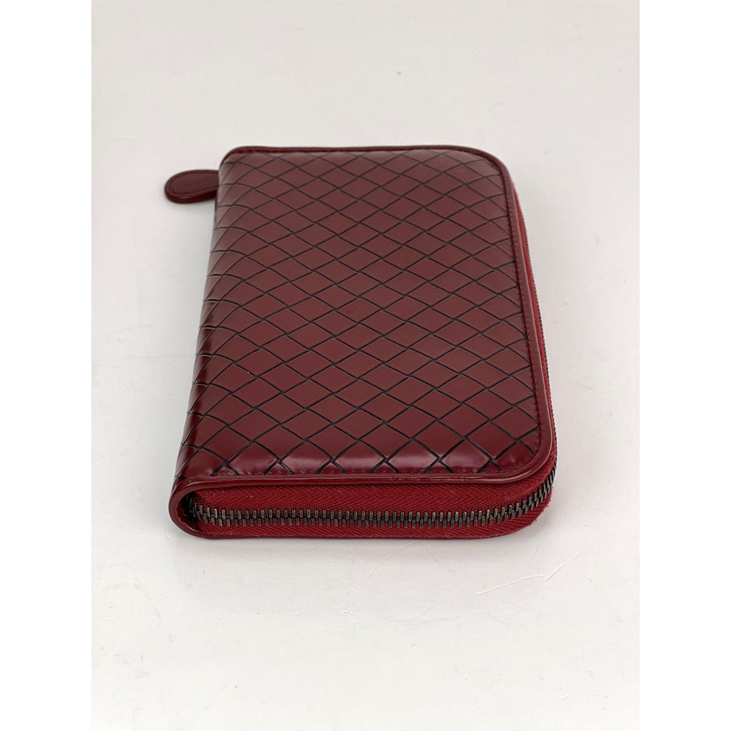 Bottega Veneta Burgundy Intrecciato Zip Around Leather Wallet Clutch