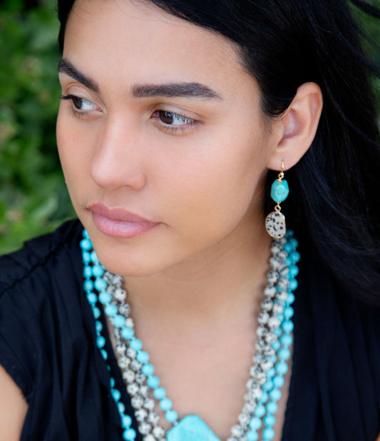 Dalmatian Jasper Blue Magnesite Golden Drop Earrings