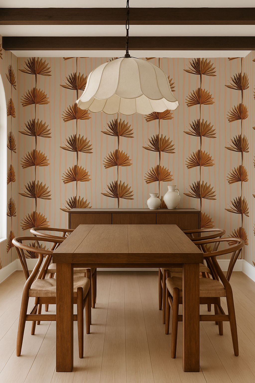 Stripey Palm Wallpaper, neutral peach and mustard