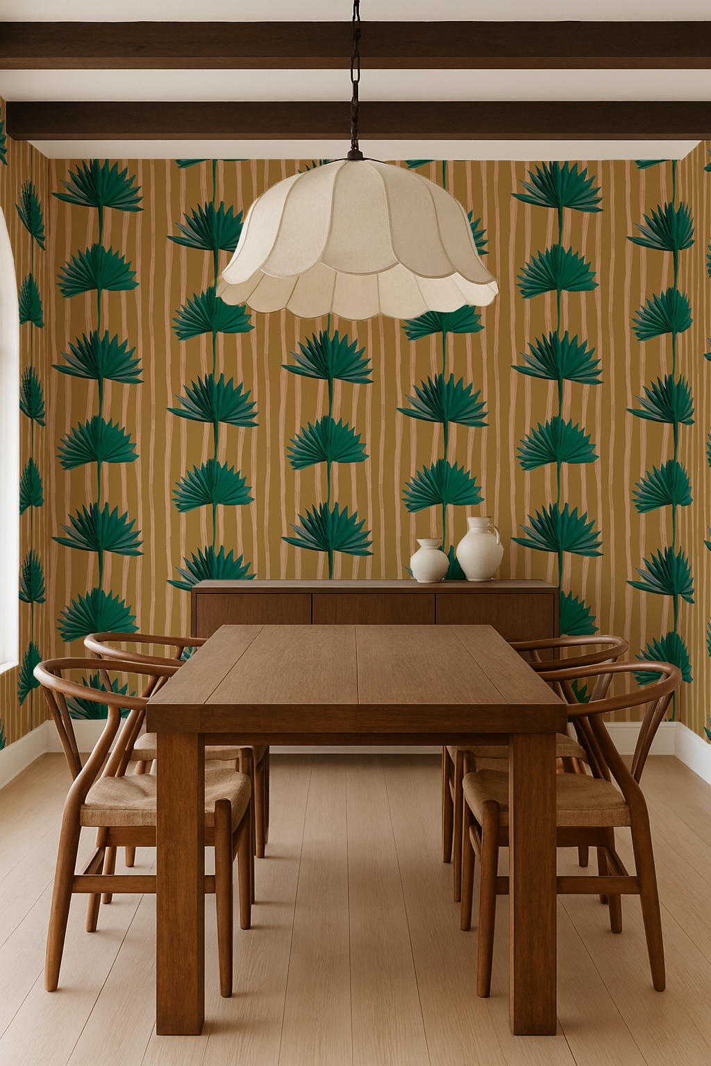Stripey Palm Wallpaper, mustard and teal