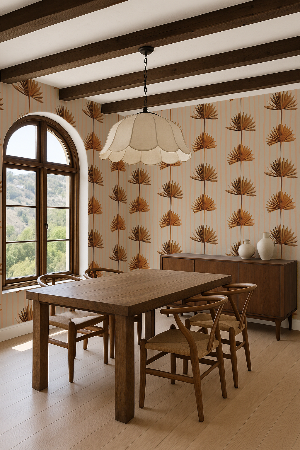 Stripey Palm Wallpaper, neutral peach and mustard