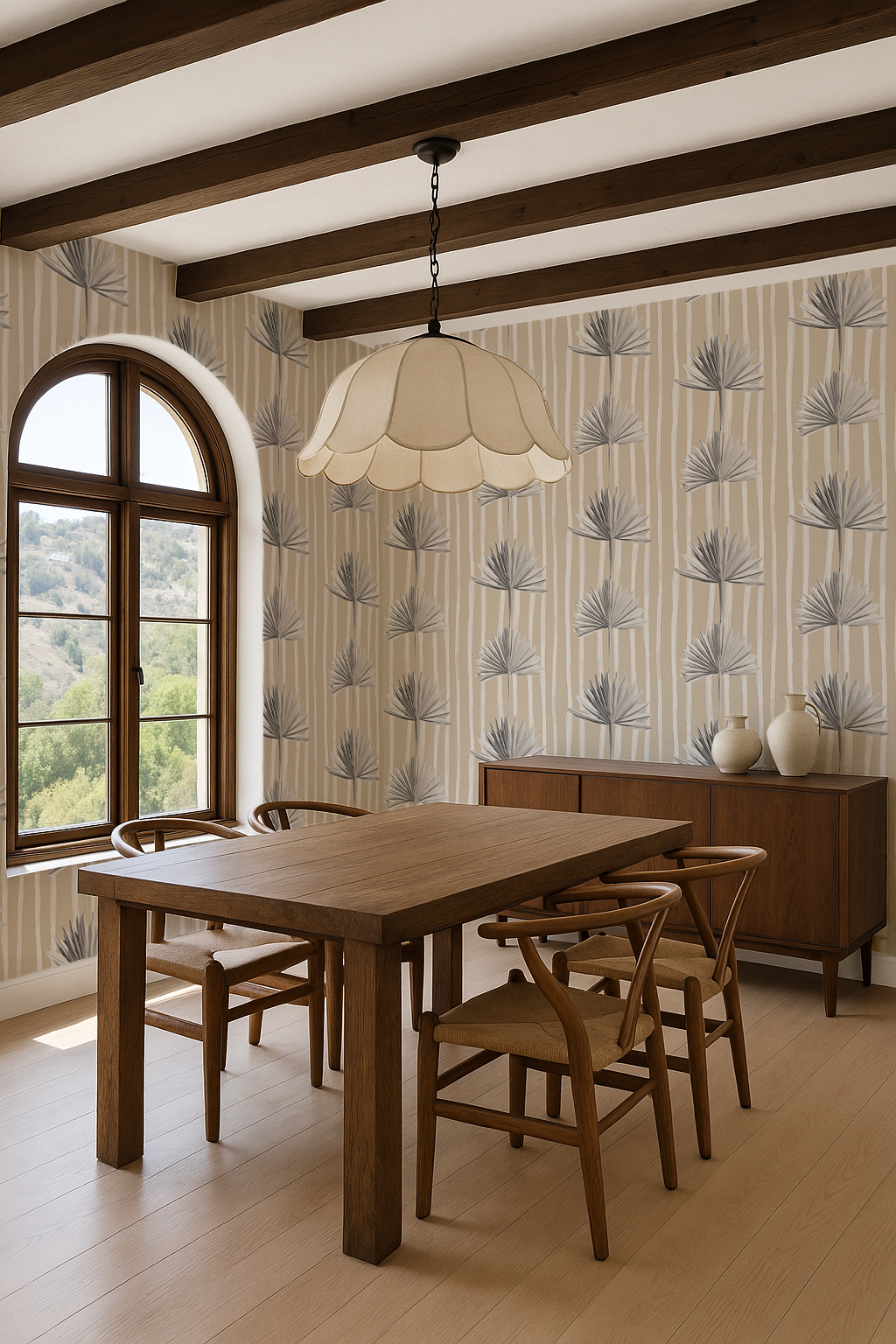 Stripey Palm Wallpaper, neutral and white