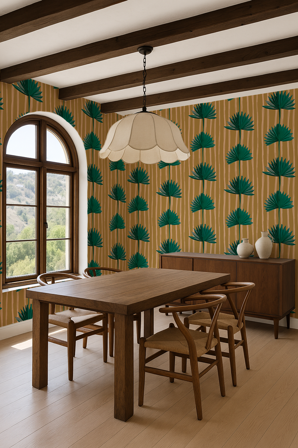 Stripey Palm Wallpaper, mustard and teal