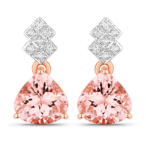 3.31 Carat Genuine Morganite and White Diamond 14K Rose Gold Earrings