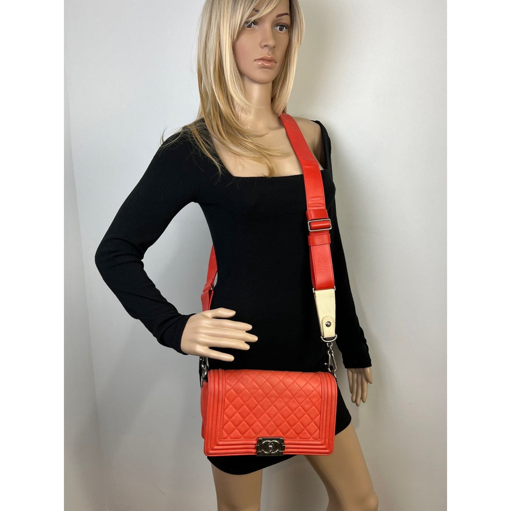 CHANEL Lambskin Quilted Medium Boy Red Flap Bag