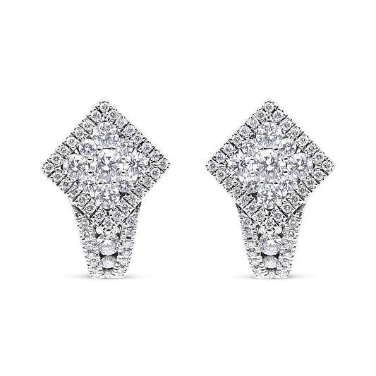 18K White Gold 1 1/10 Cttw Round Diamond Cluster with Halo Hoop Huggie Earring (F-G Color, VS1-VS2 Clarity)