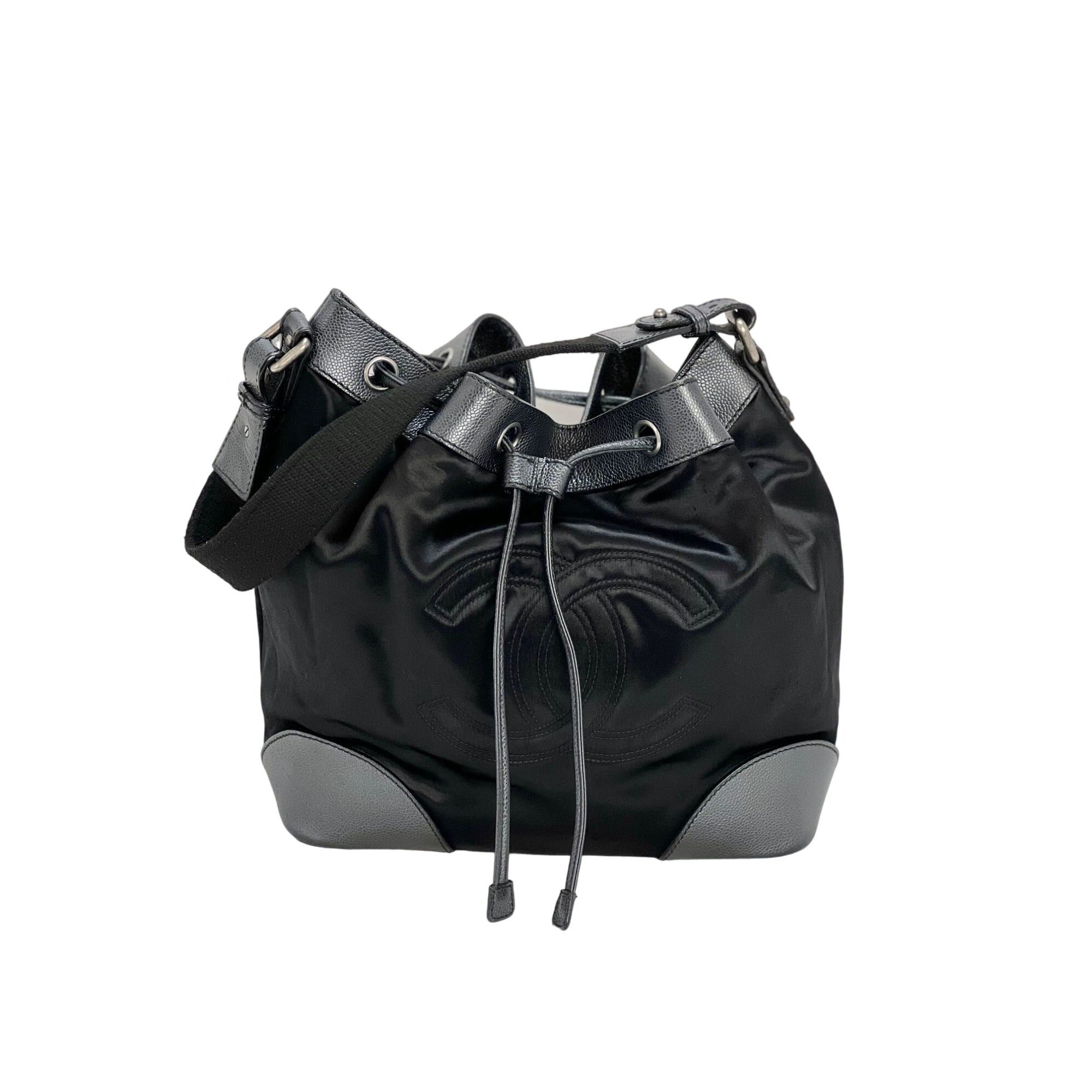 CHANEL Satin CC Large Black Bucket Shouler Bag