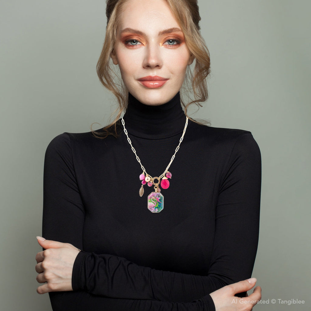 Flamingo Pink Agate Golden Pendant Necklace