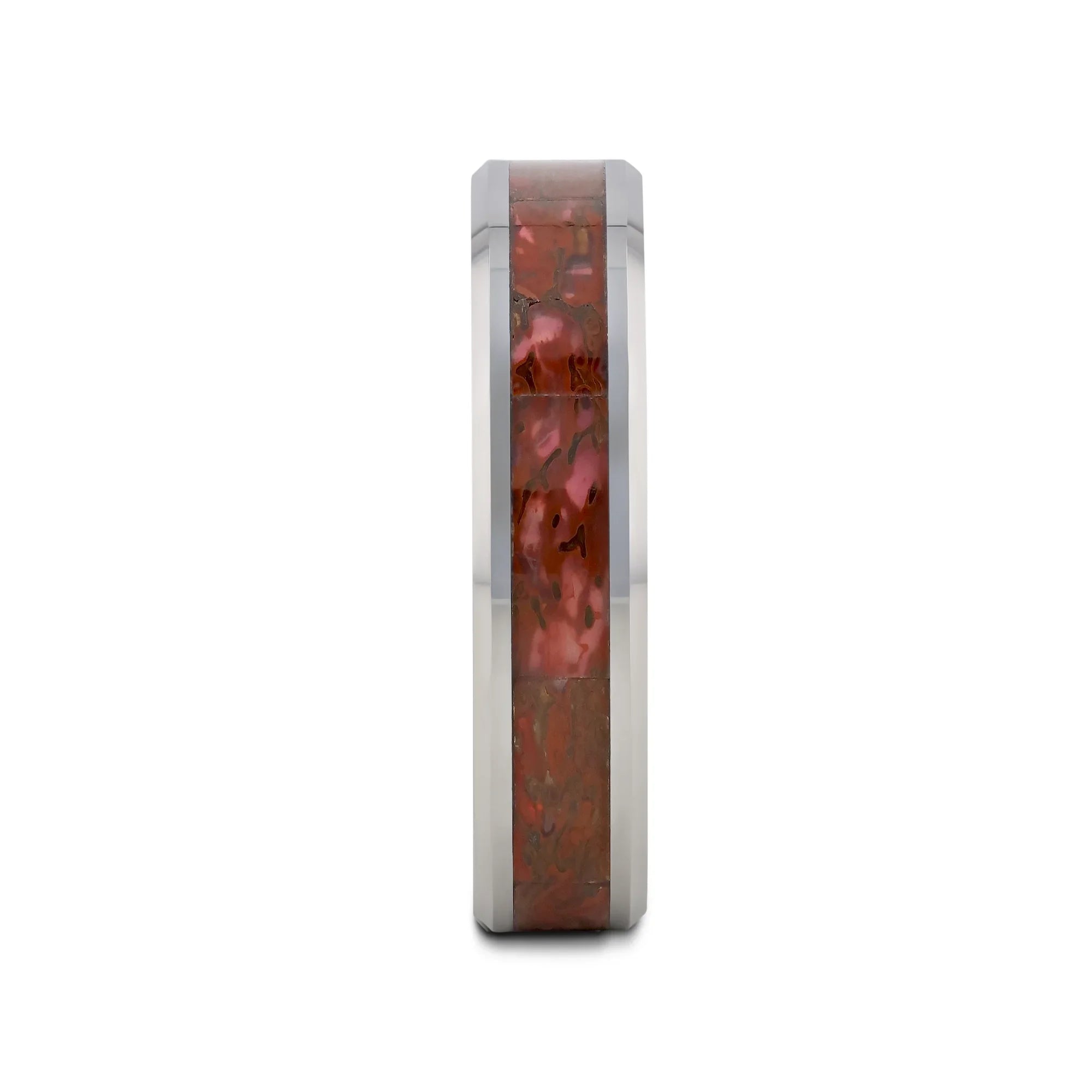 JURASSIC Red Dinosaur Bone Inlaid Tungsten Carbide Beveled Edged Ring - 4mm & 8mm