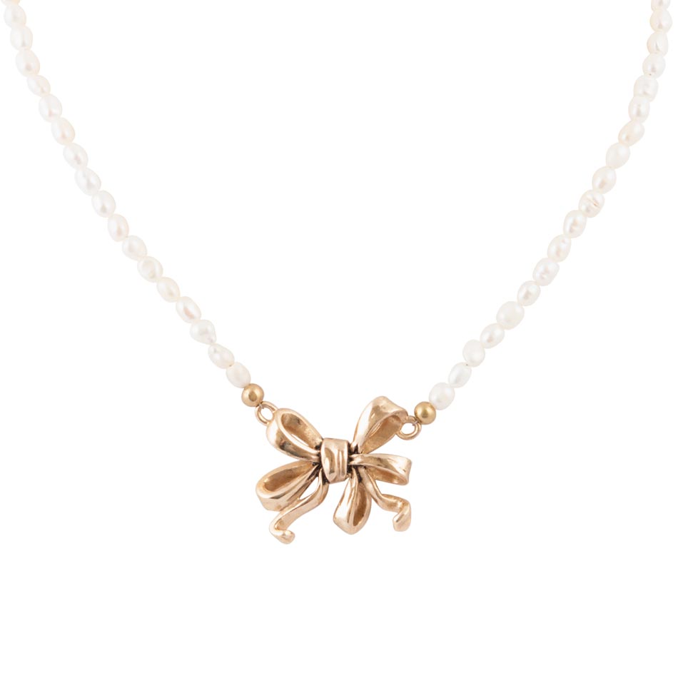 Gifted Freshwater White Pearl Golden Bow Pendant Necklace
