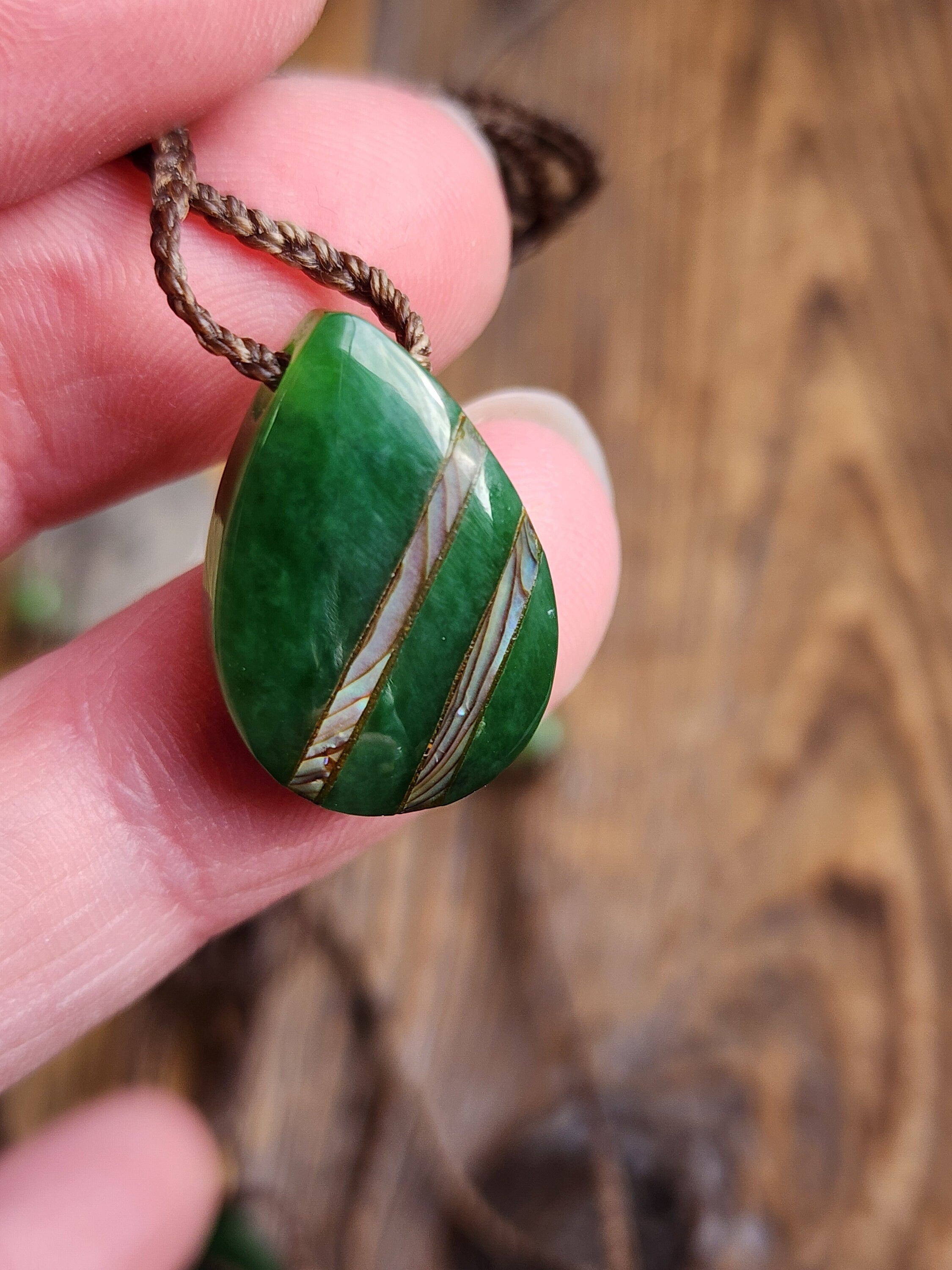 Canadian Nephrite Jade Teardrop Pendant with Abalone