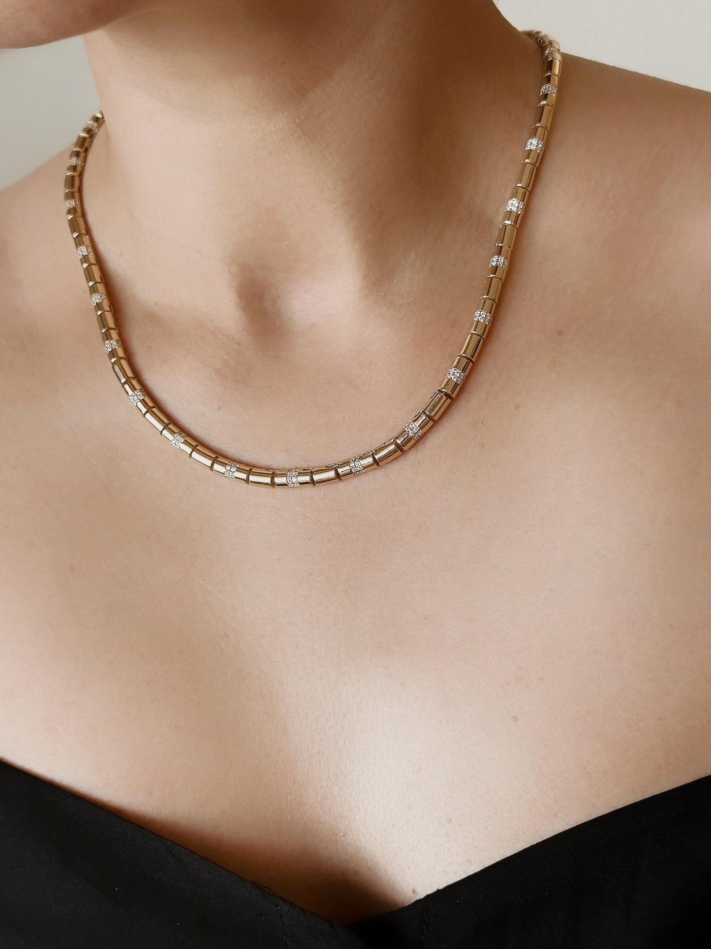 14K Solid Gold Pipe Bar Bead Chain Necklace