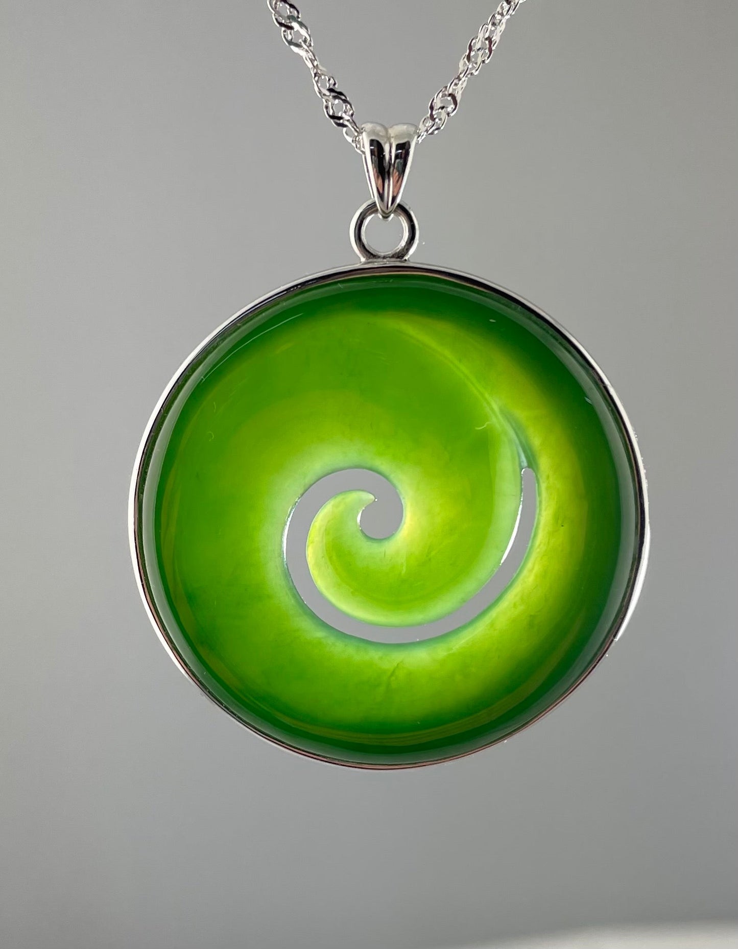 Jade Koru and Sterling Silver Pendant, 32.5mm
