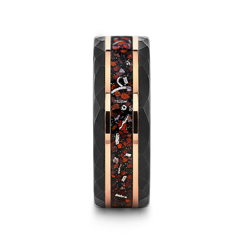INFERNO Black/Rose Hammered Tungsten Carbide Ring with Dinosaur Bones and Meteorite – 8mm