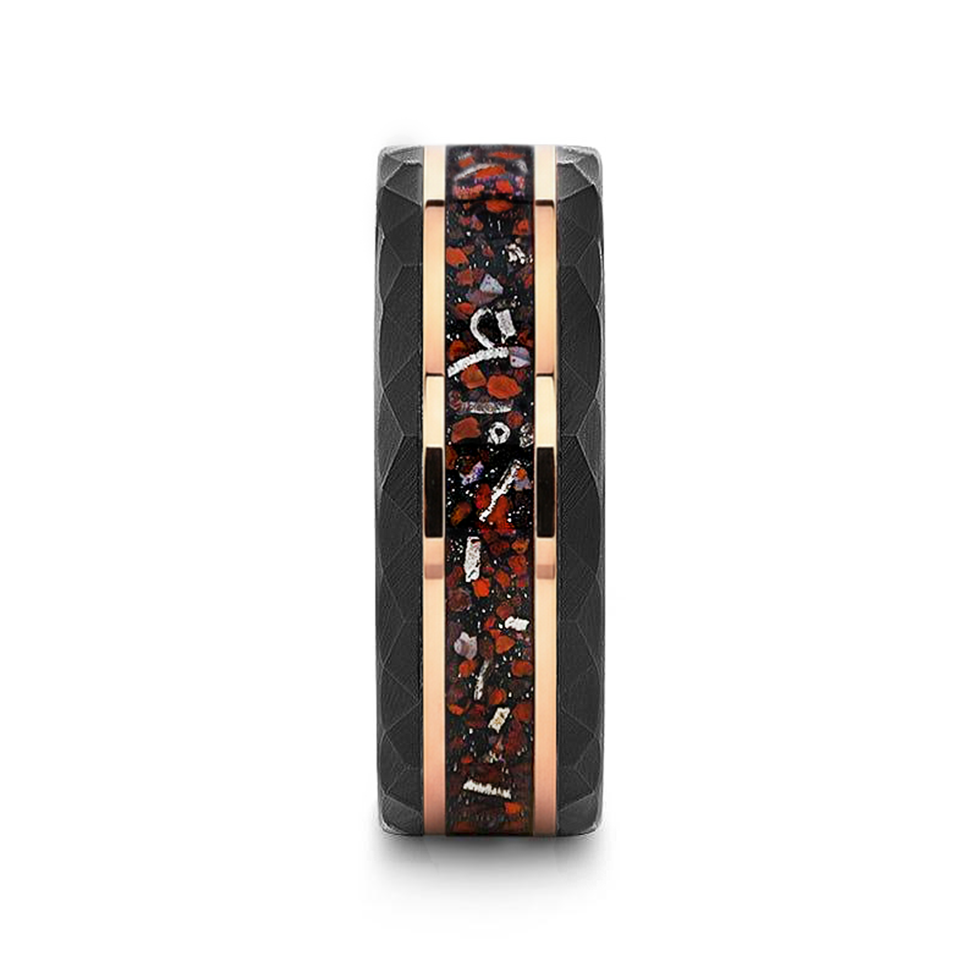 INFERNO Black/Rose Hammered Tungsten Carbide Ring with Dinosaur Bones and Meteorite – 8mm