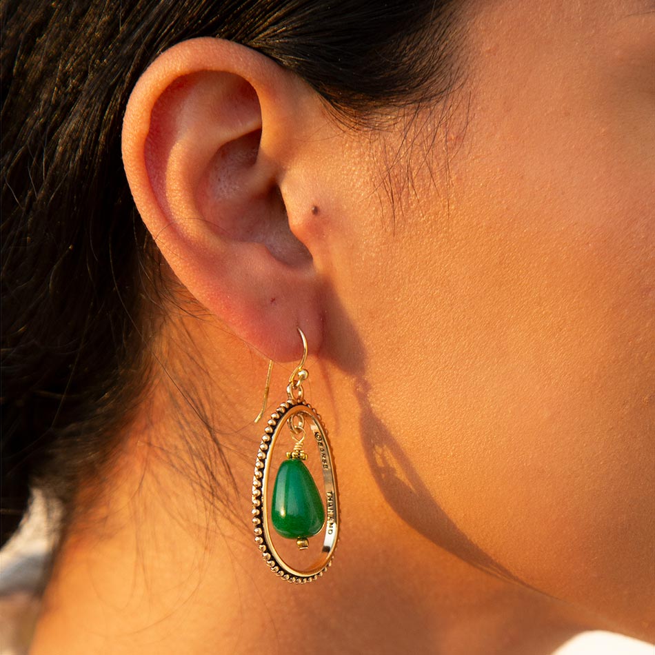 Inline Green Onyx Golden Drop Earrings