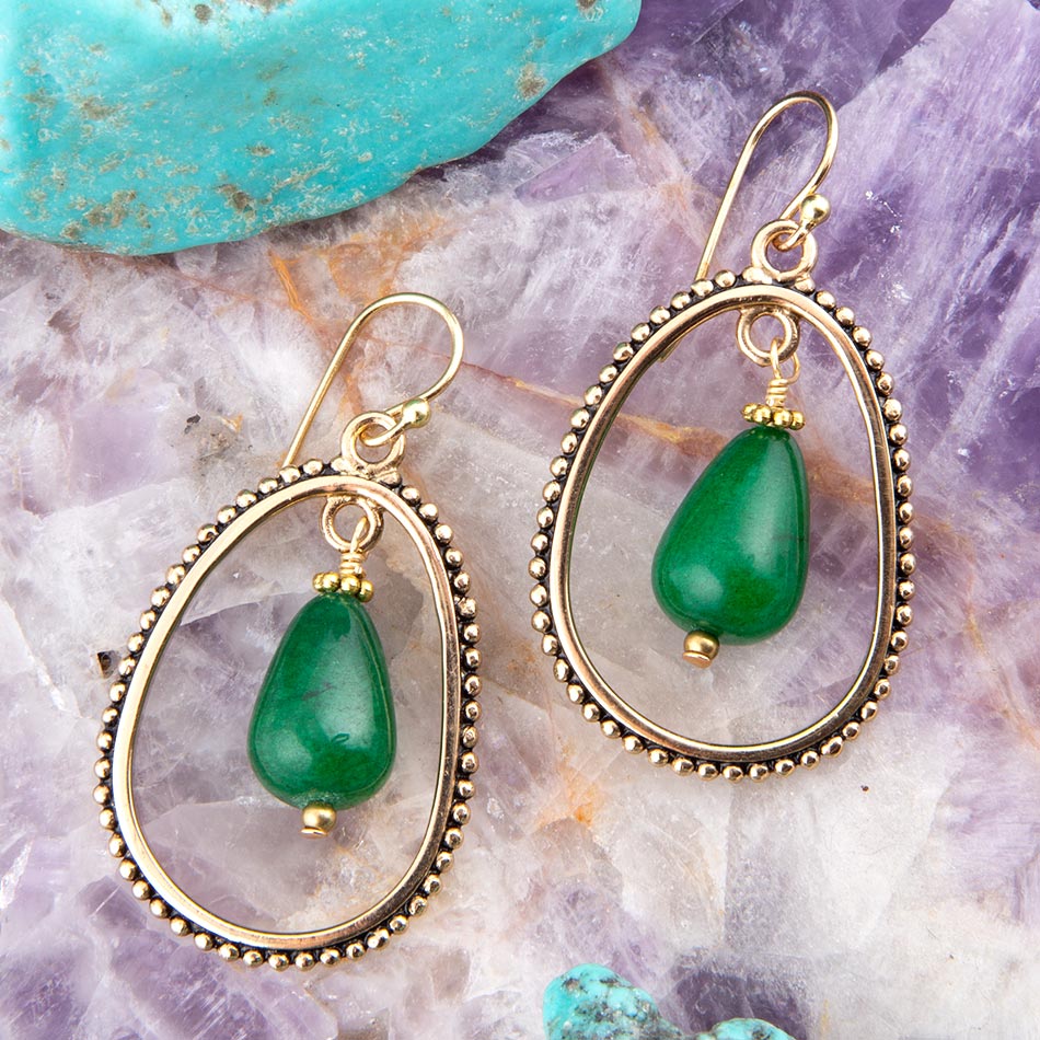 Inline Green Onyx Golden Drop Earrings