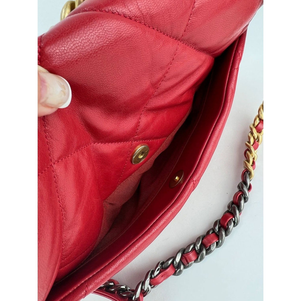 Chanel 19 Large Quilted Goatskin Silver and Gold Red Flap Bag