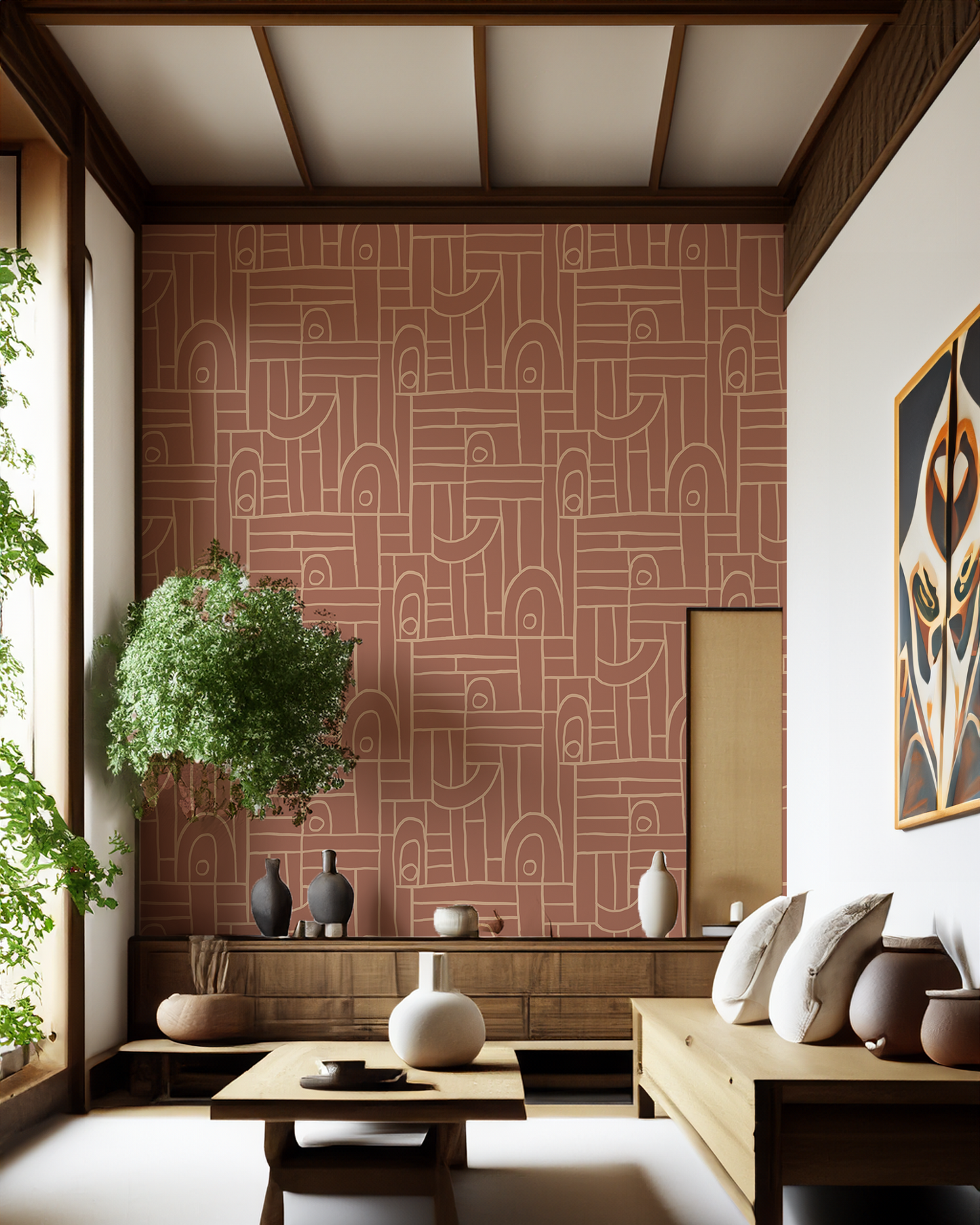 Deco Tile Wallpaper, terra cotta and peach