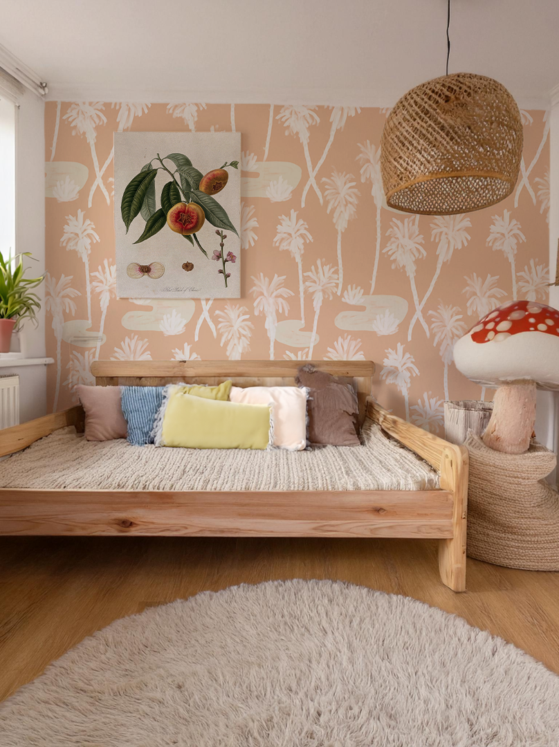 Palm Oasis Wallpaper, peach and white