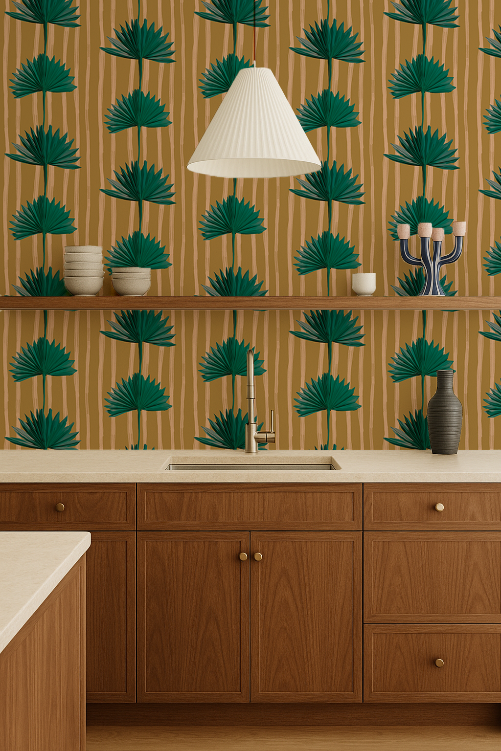 Stripey Palm Wallpaper, mustard and teal