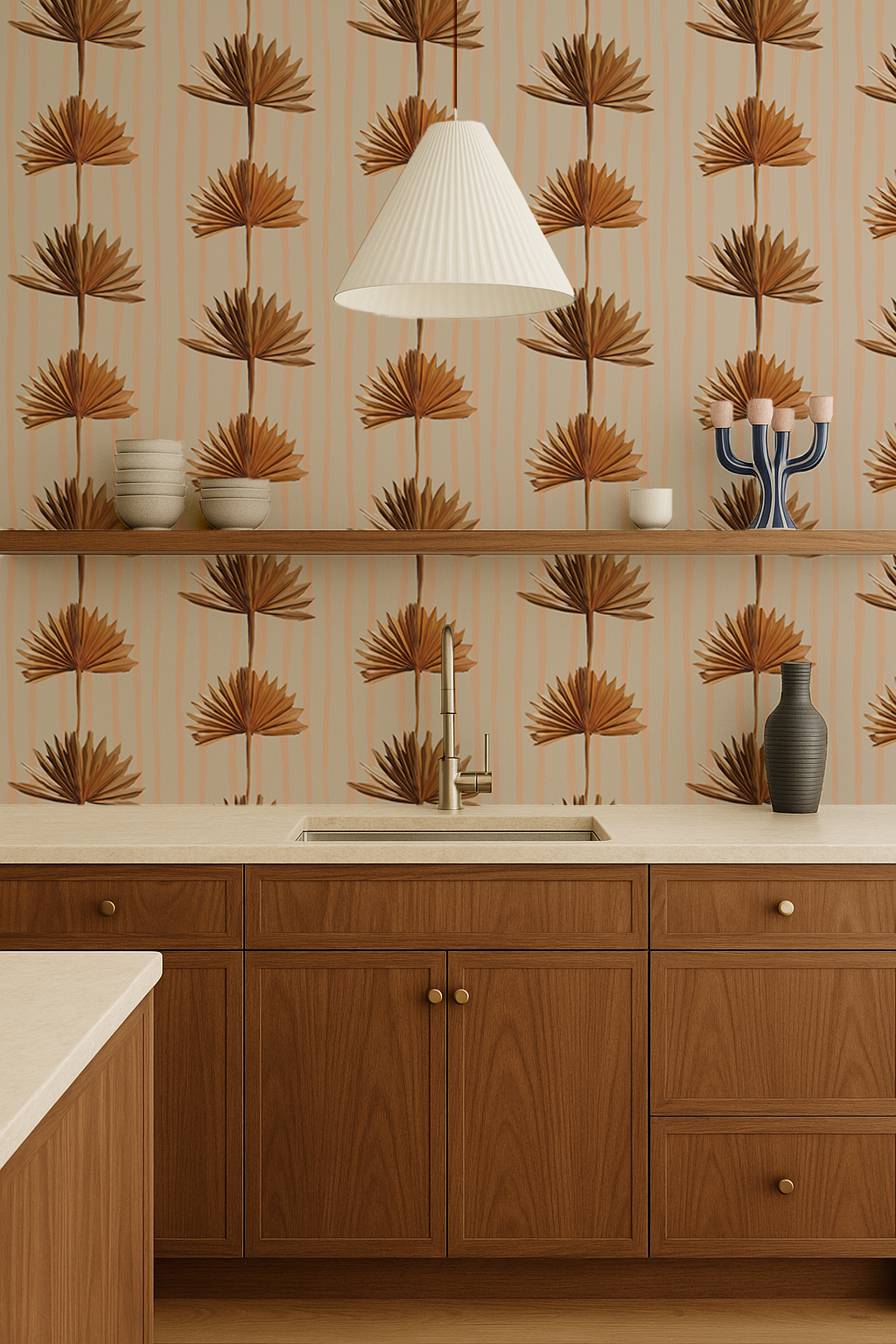 Stripey Palm Wallpaper, neutral peach and mustard