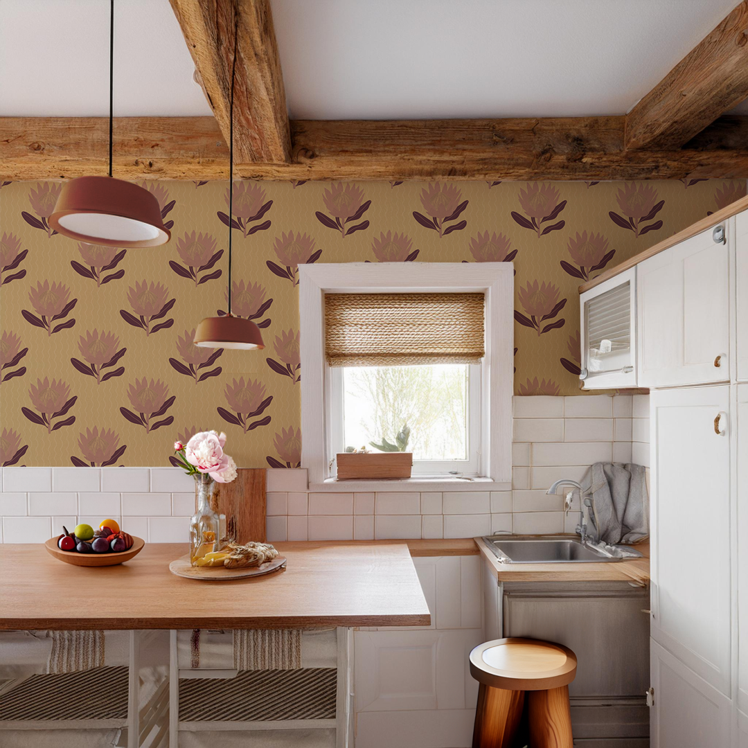 King Protea Wallpaper, butter yellow and mauve
