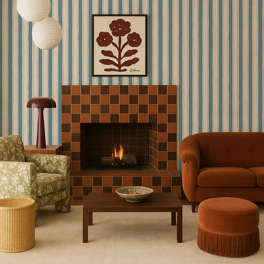 Riviera Stripe Wallpaper, off-white and dusty blue